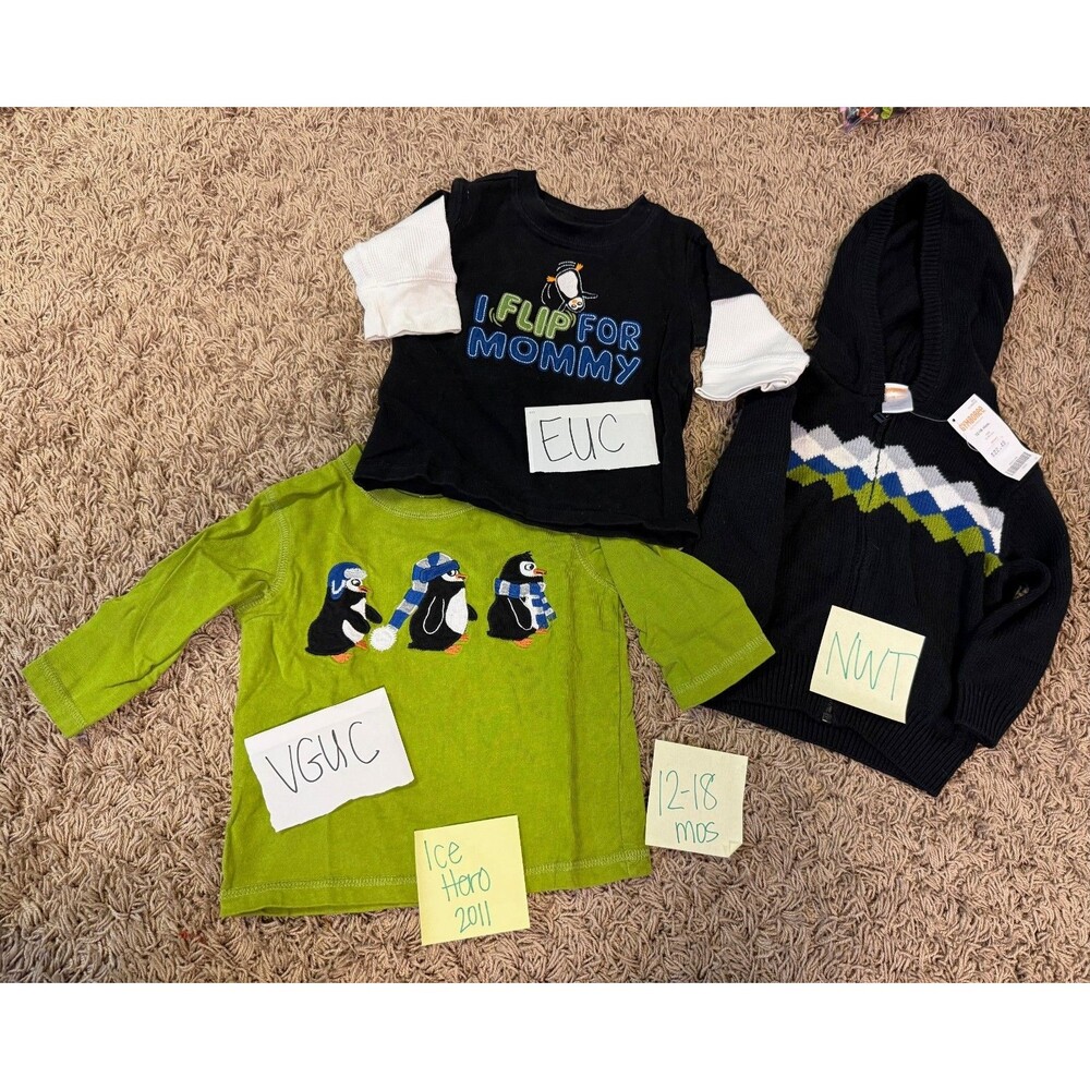 boys GYMBOREE Ice Hero 12-18 Months Penguin Shirts, Sweater, Mommy--EUC, NWT